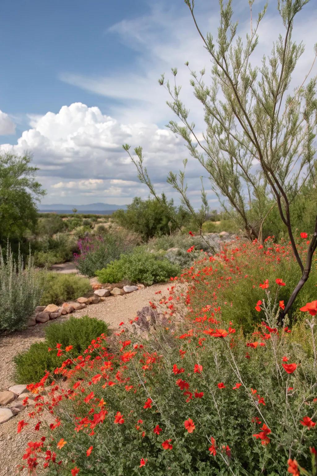 A garden showcasing native New Mexico plants like scarlet globemallow and desert willow.
