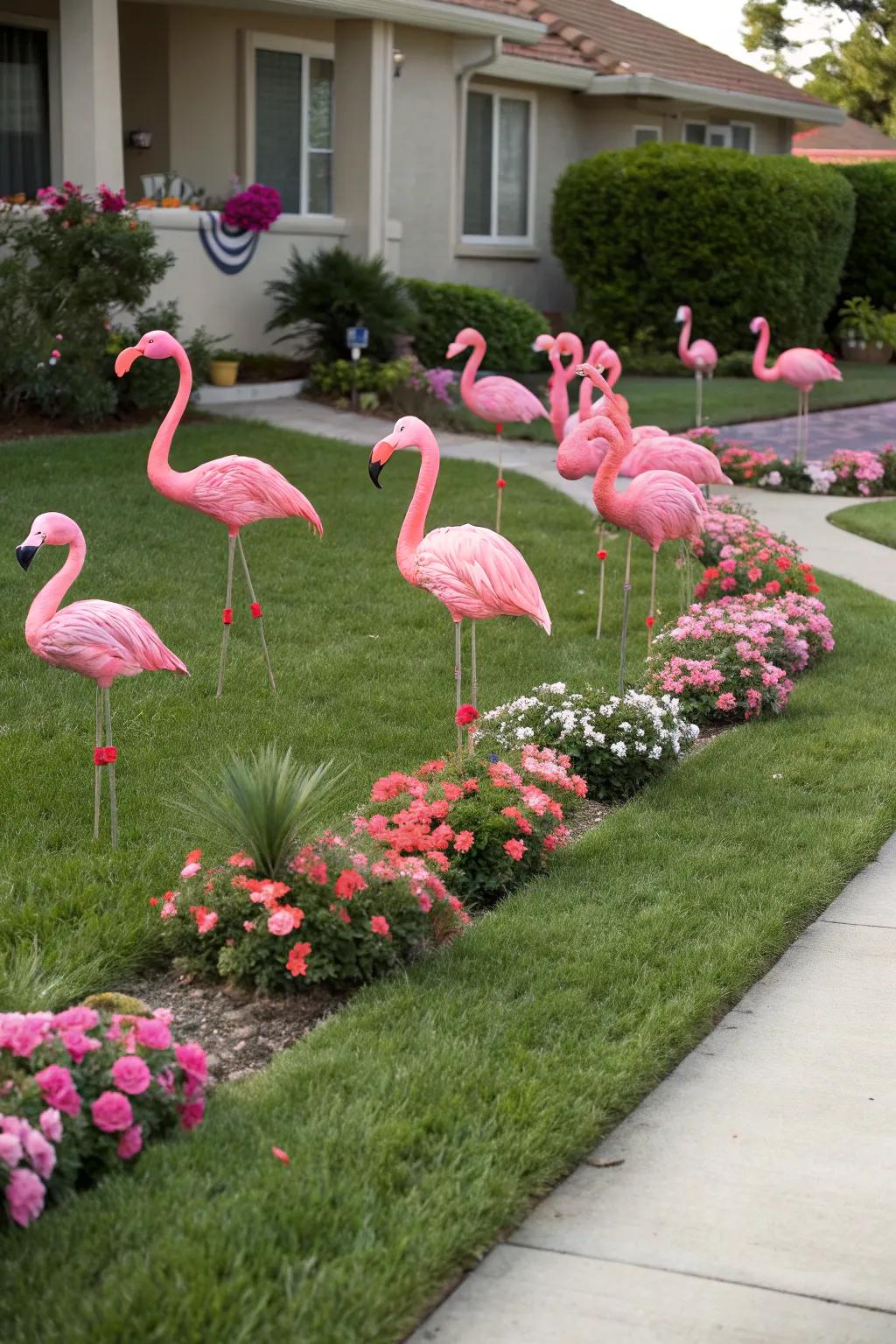 Classic pink flamingos add a joyful splash of color to any yard.