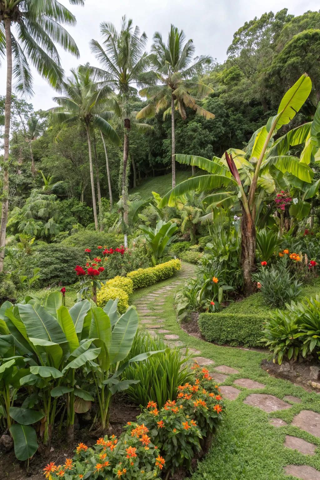 A tropical garden island featuring bold foliage and vibrant colors.