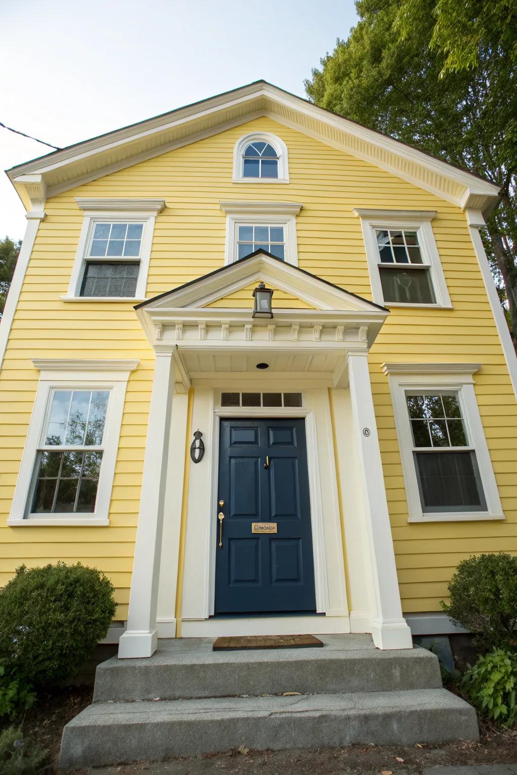 Navy blue doors bring elegance to yellow exteriors.