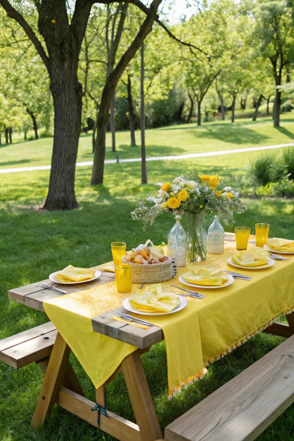 Elegant yellow-themed table settings perfect for a cheerful picnic.