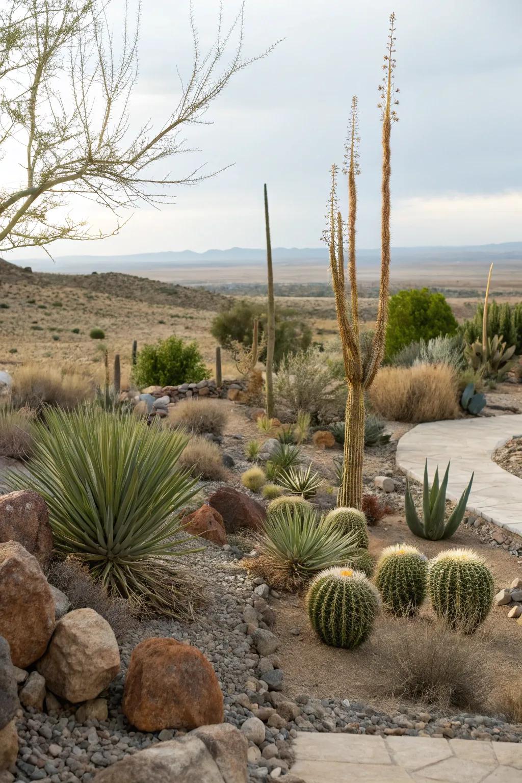 A yucca desert landscape featuring cacti and rocks.