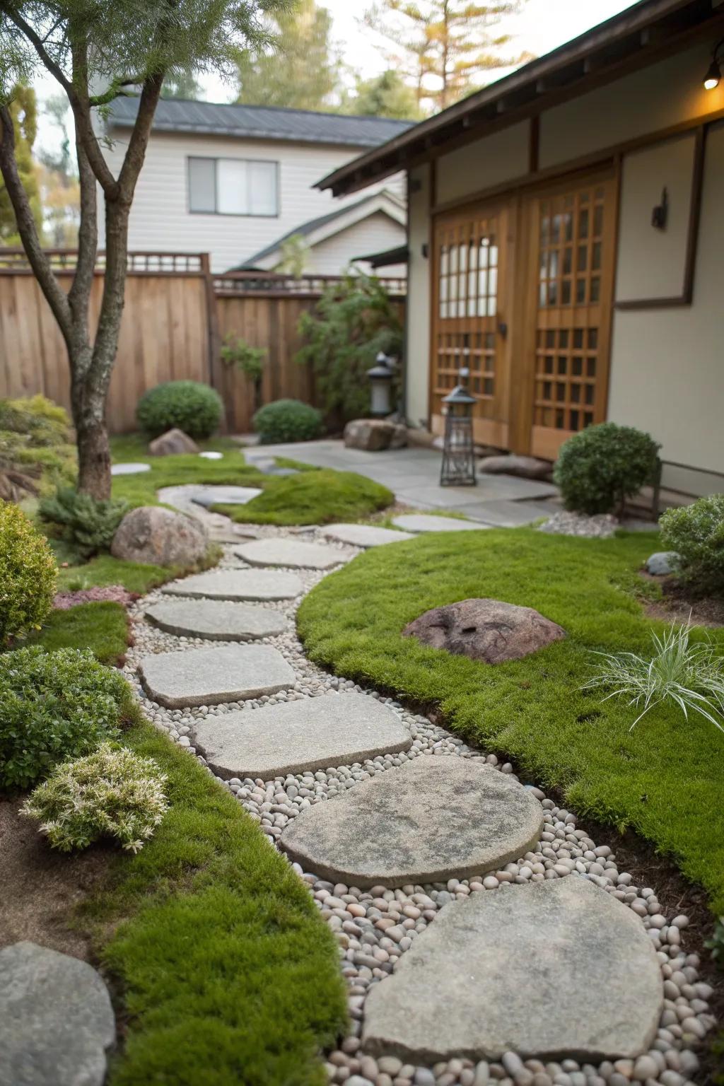 Stone pathways lead through a tranquil zen garden.