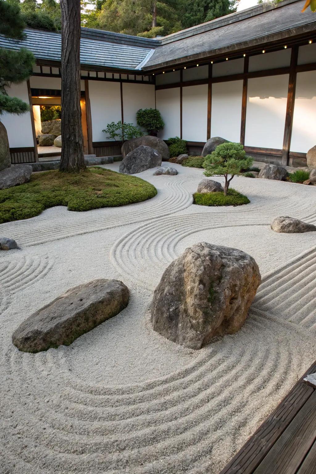 Classic rock and sand design with intricate raked patterns.