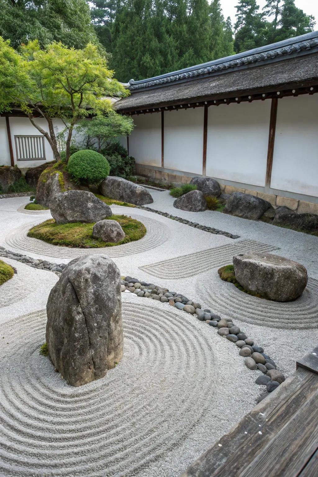 Mesmerizing circular patterns in a zen garden, focusing on tranquility and movement.