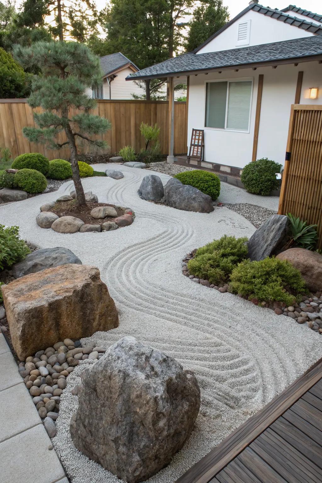 A minimalist zen garden with raked gravel and strategically placed stones.