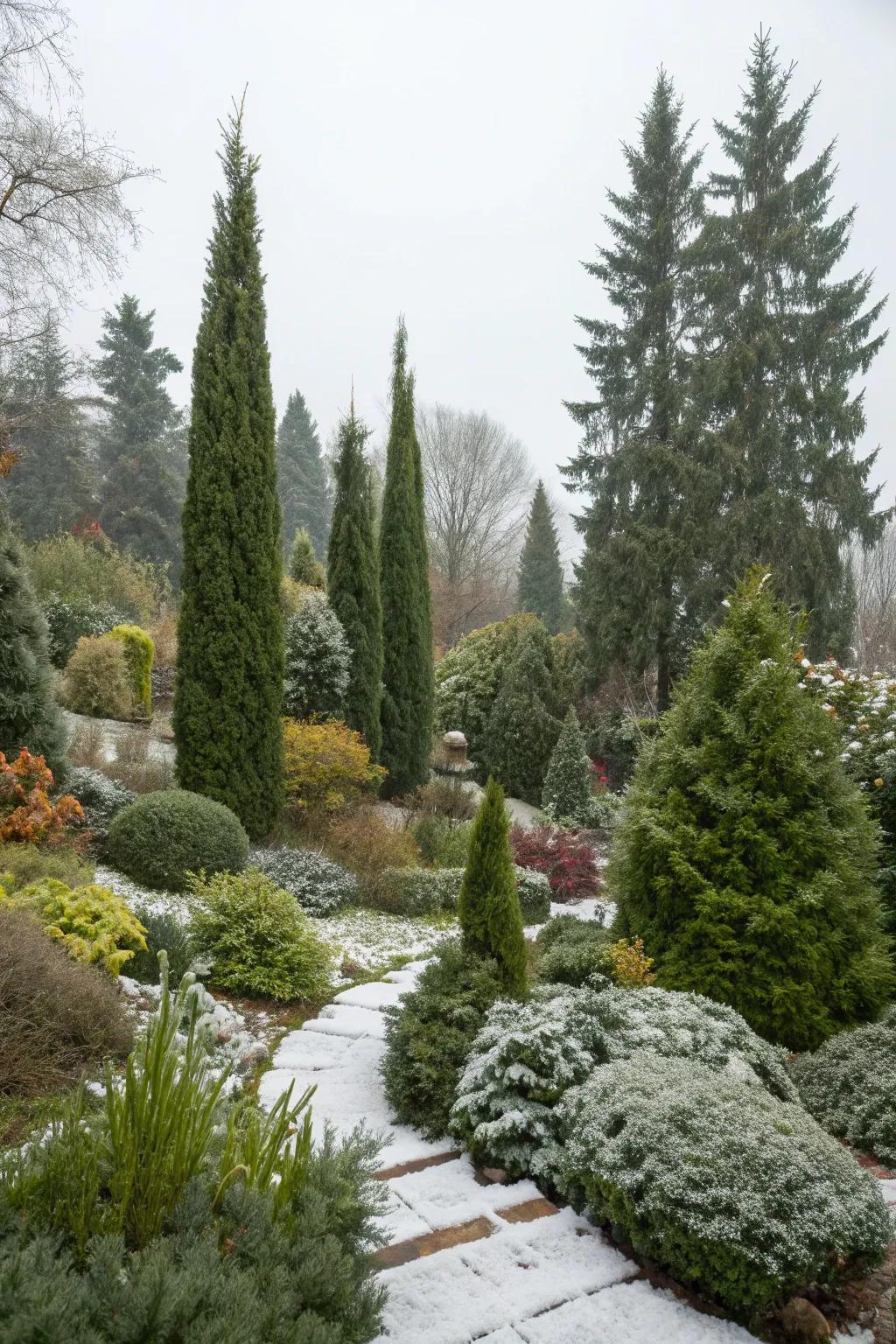 Evergreen coniferous trees provide structure and color in winter.