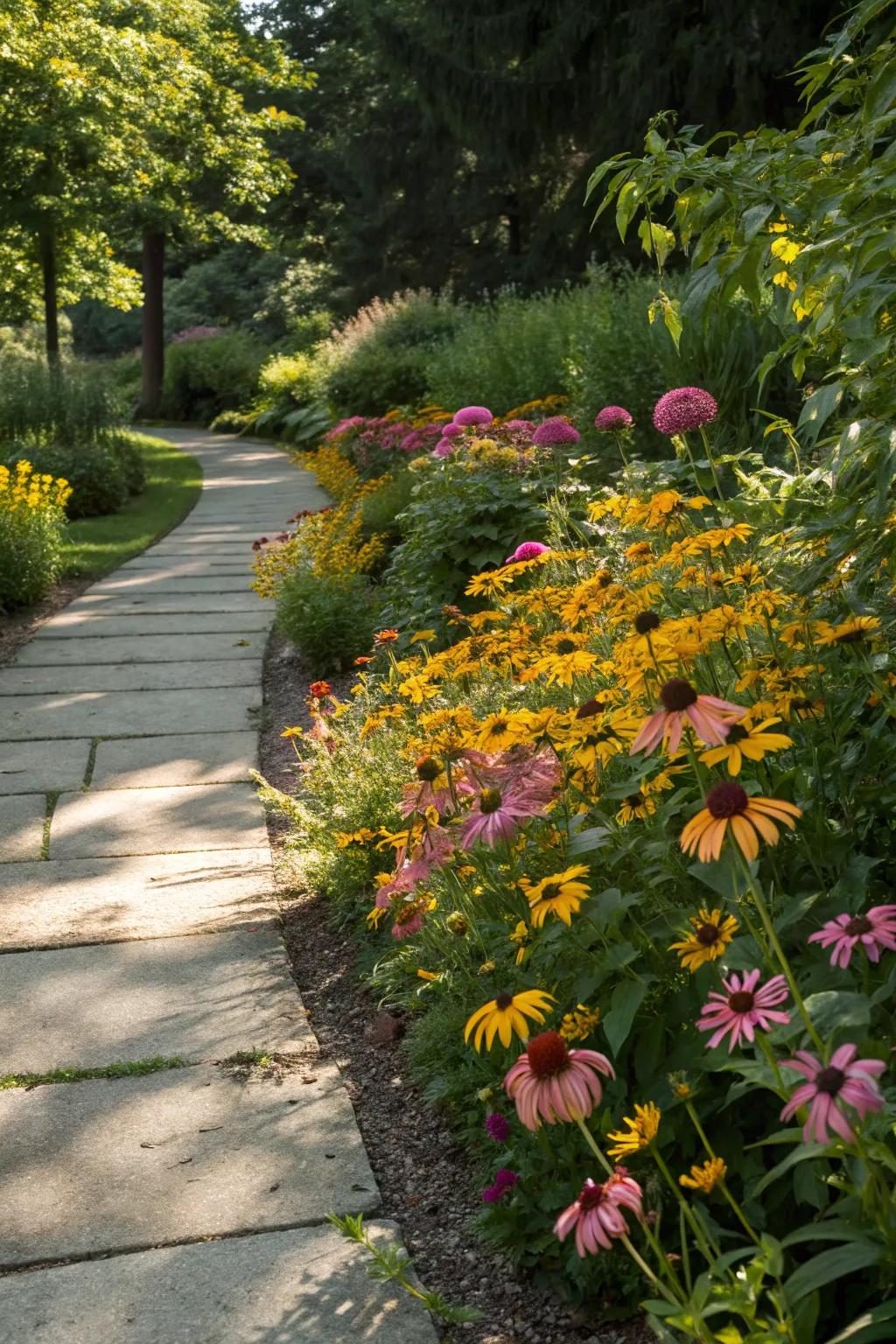 A vibrant border of perennials adds color to any garden path.