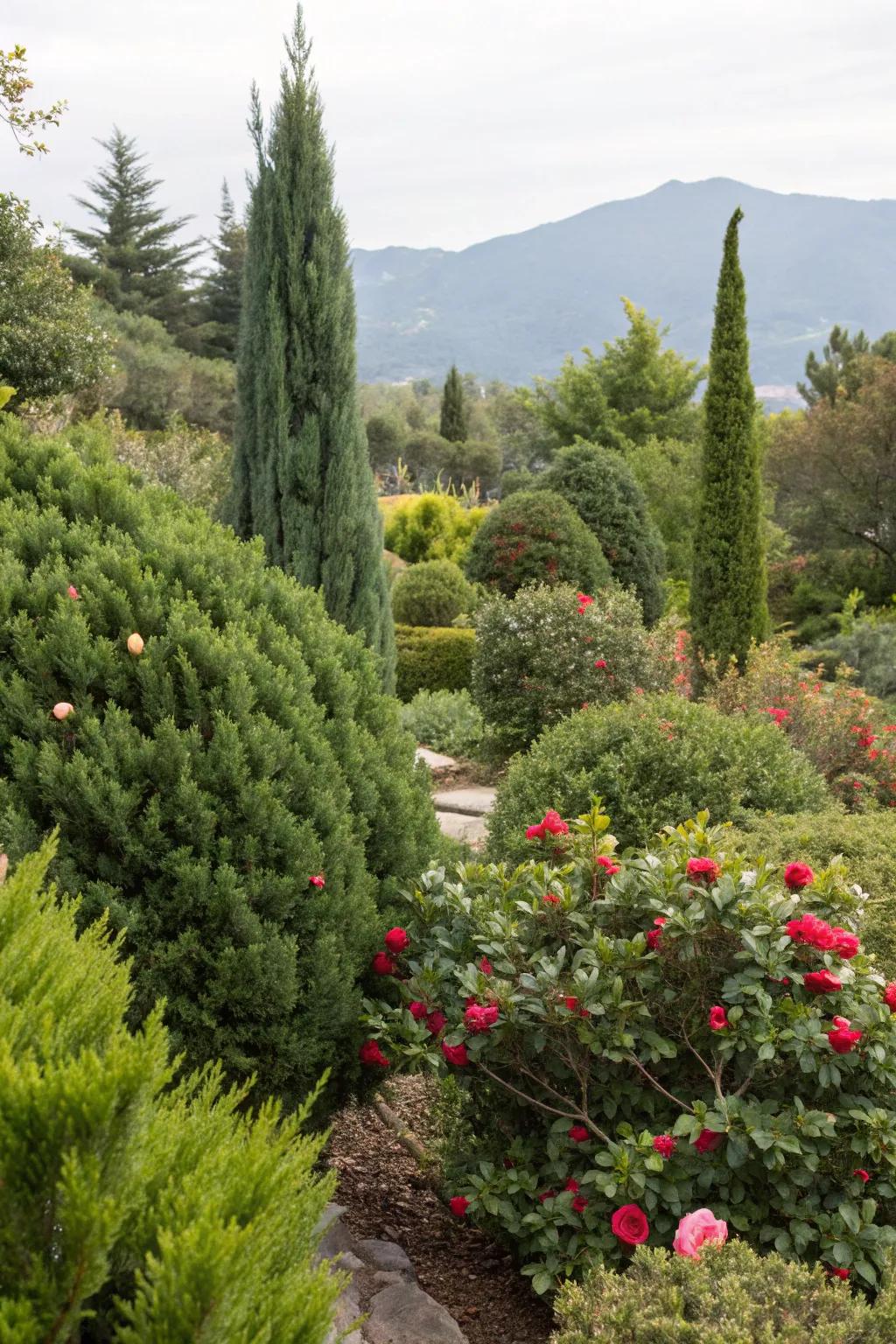 Evergreen shrubs adding year-round greenery to a zone 7 garden.