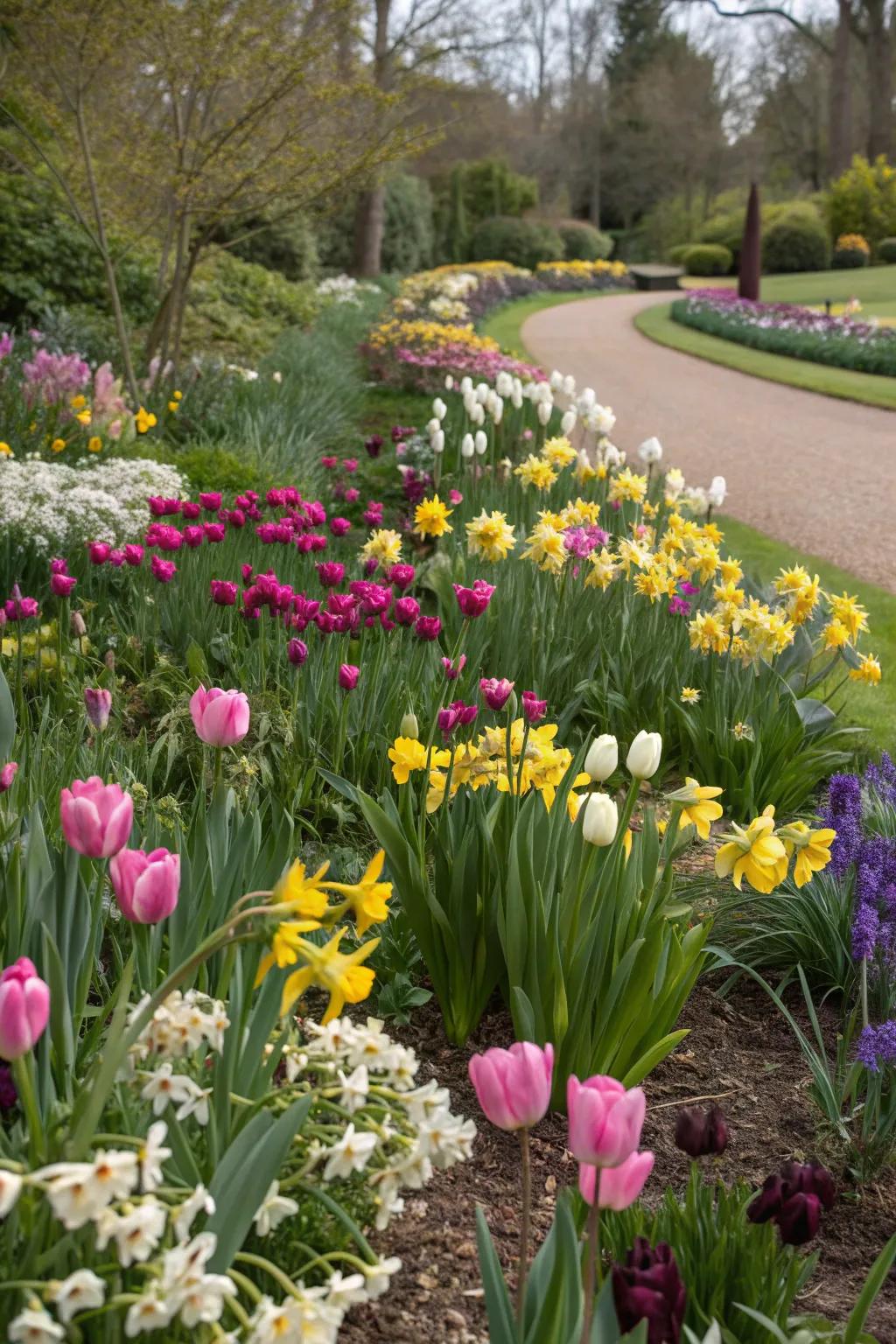 A colorful flower bed in zone 8b, alive with tulips and daffodils.