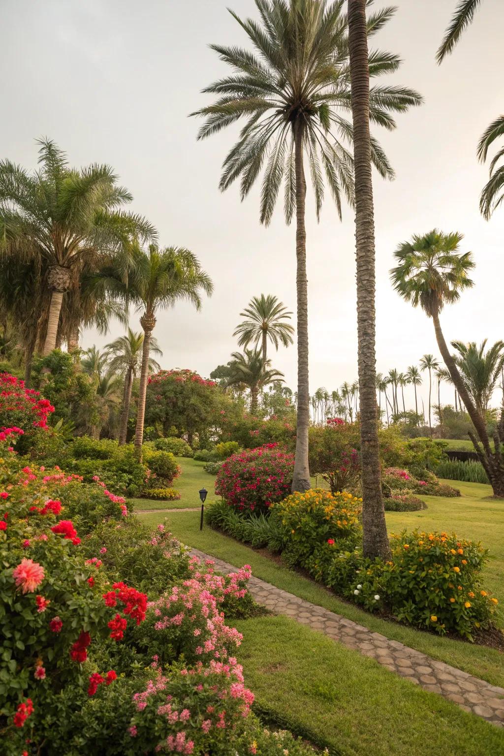 A tropical paradise featuring palm trees and dense green foliage.
