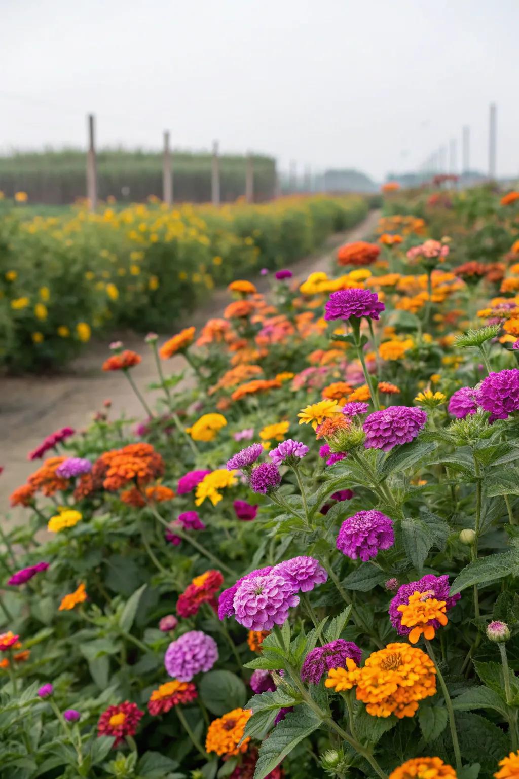 An explosion of color with lantanas and marigolds in a zone 9b garden.