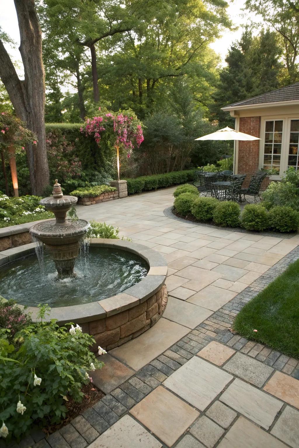 Introduce a calming water feature for a serene ambiance.