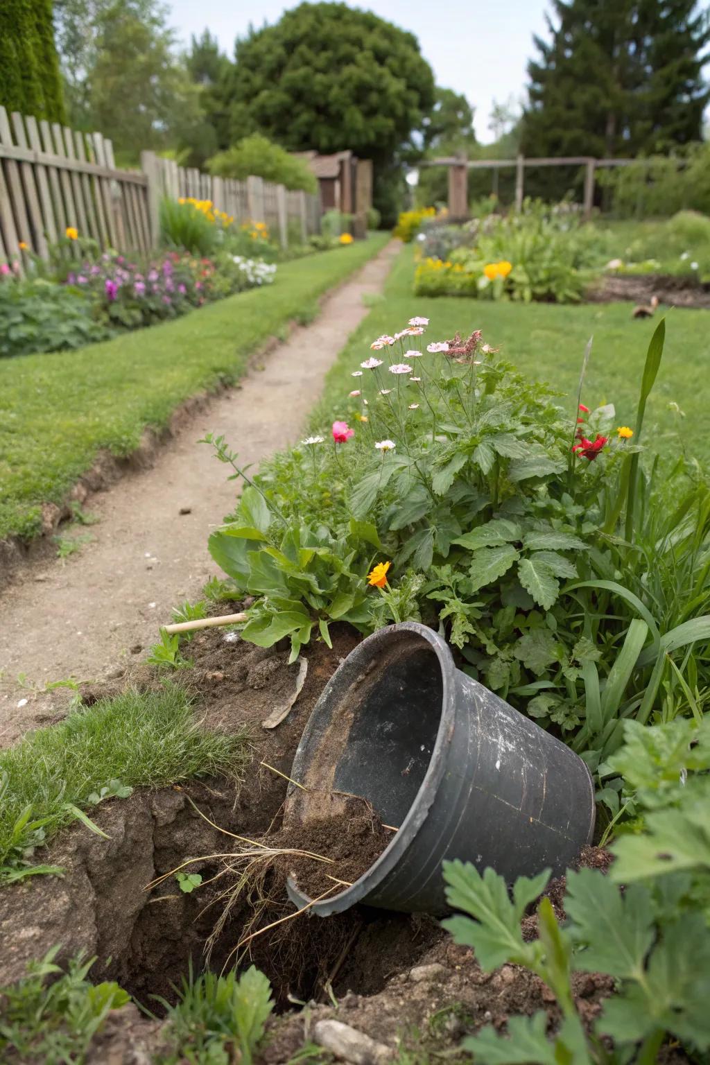 Manage invasive plants with buried pots.