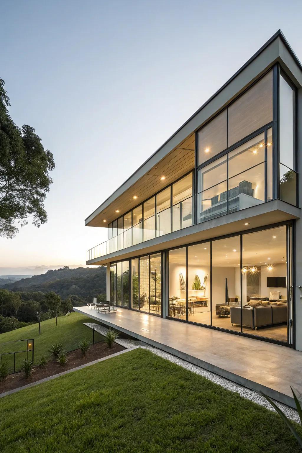A seamless connection between indoor and outdoor living with expansive glass panels.