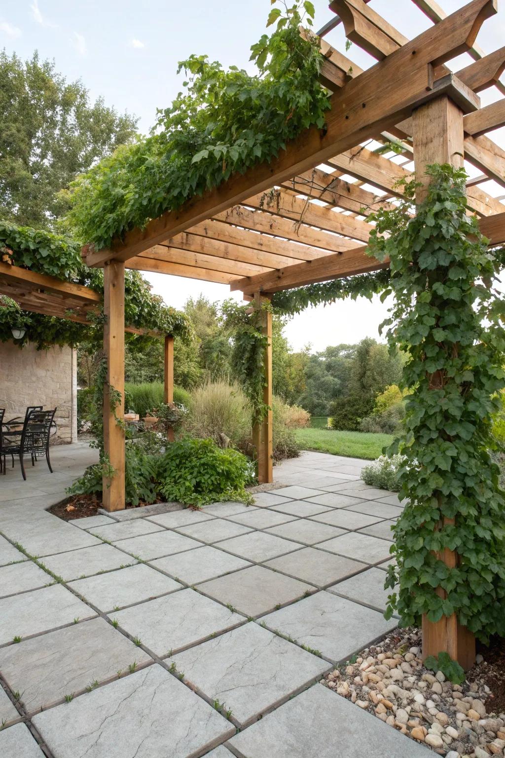 A charming pergola adds elegance to a concrete paver patio.