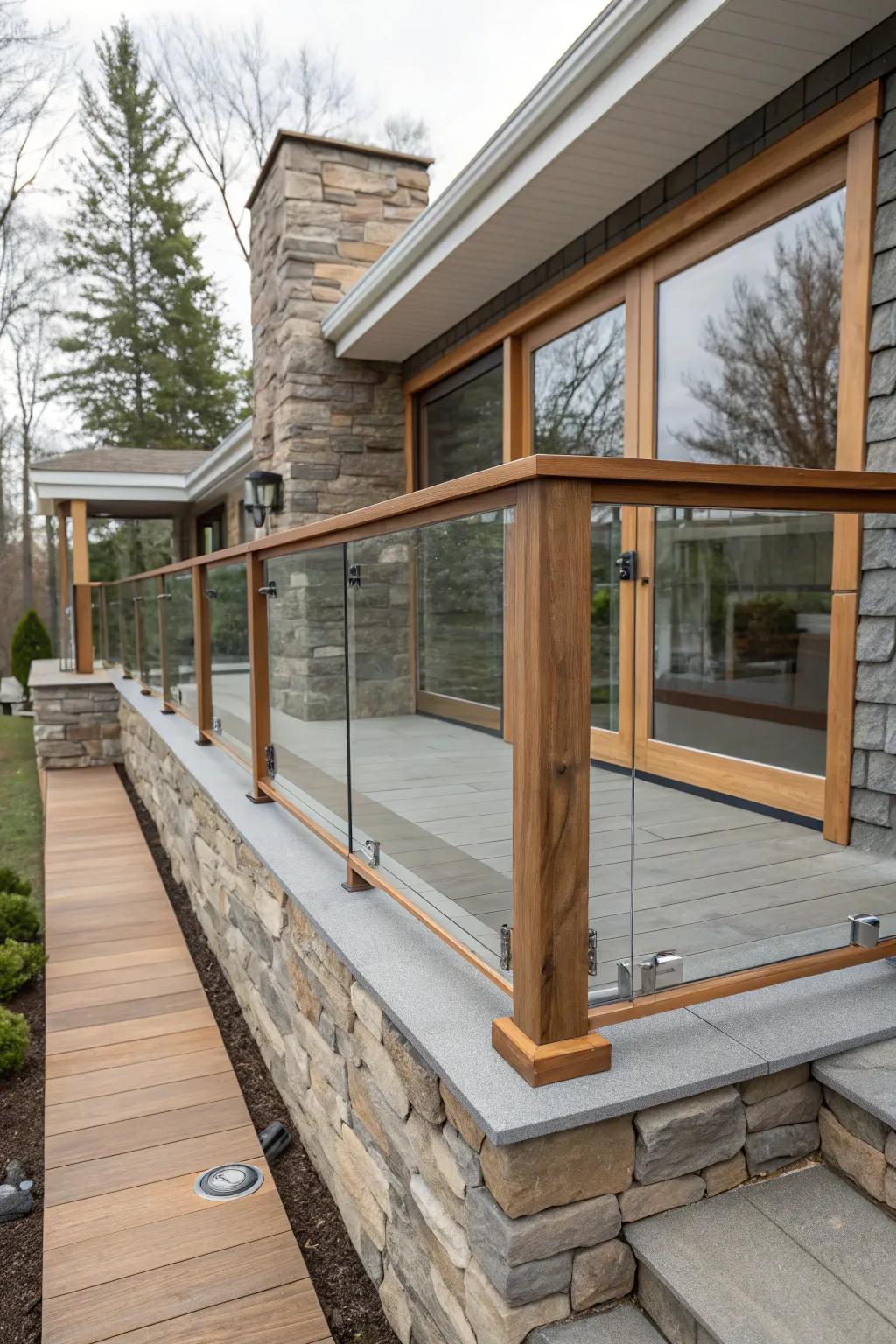 Contrasting materials like stone and glass with 2x6 wood for a striking design.