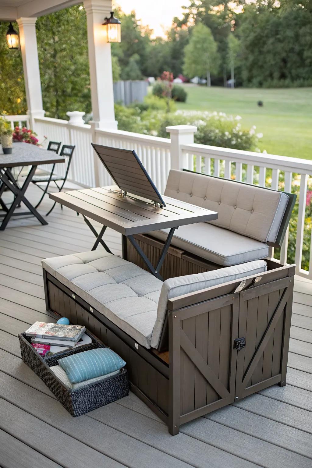 Multi-functional furniture maximizes space and utility on the deck.