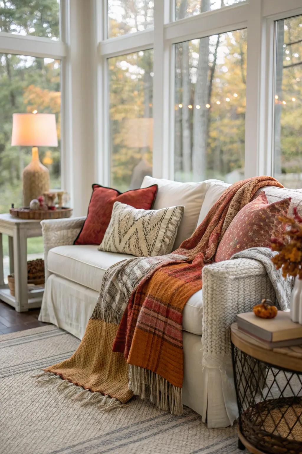 Seasonal textiles add warmth and versatility.