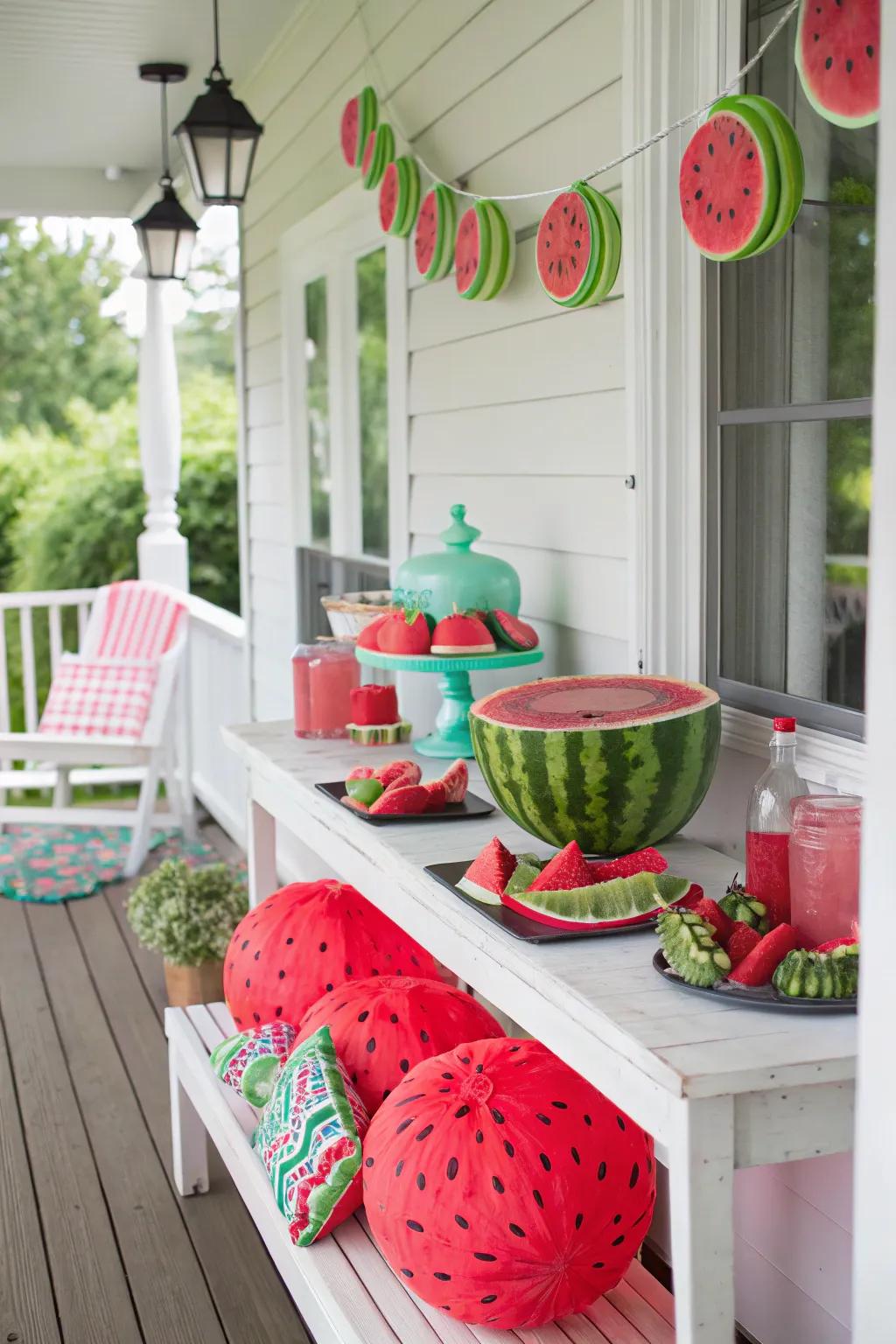 Watermelon decor adds a playful summer vibe.