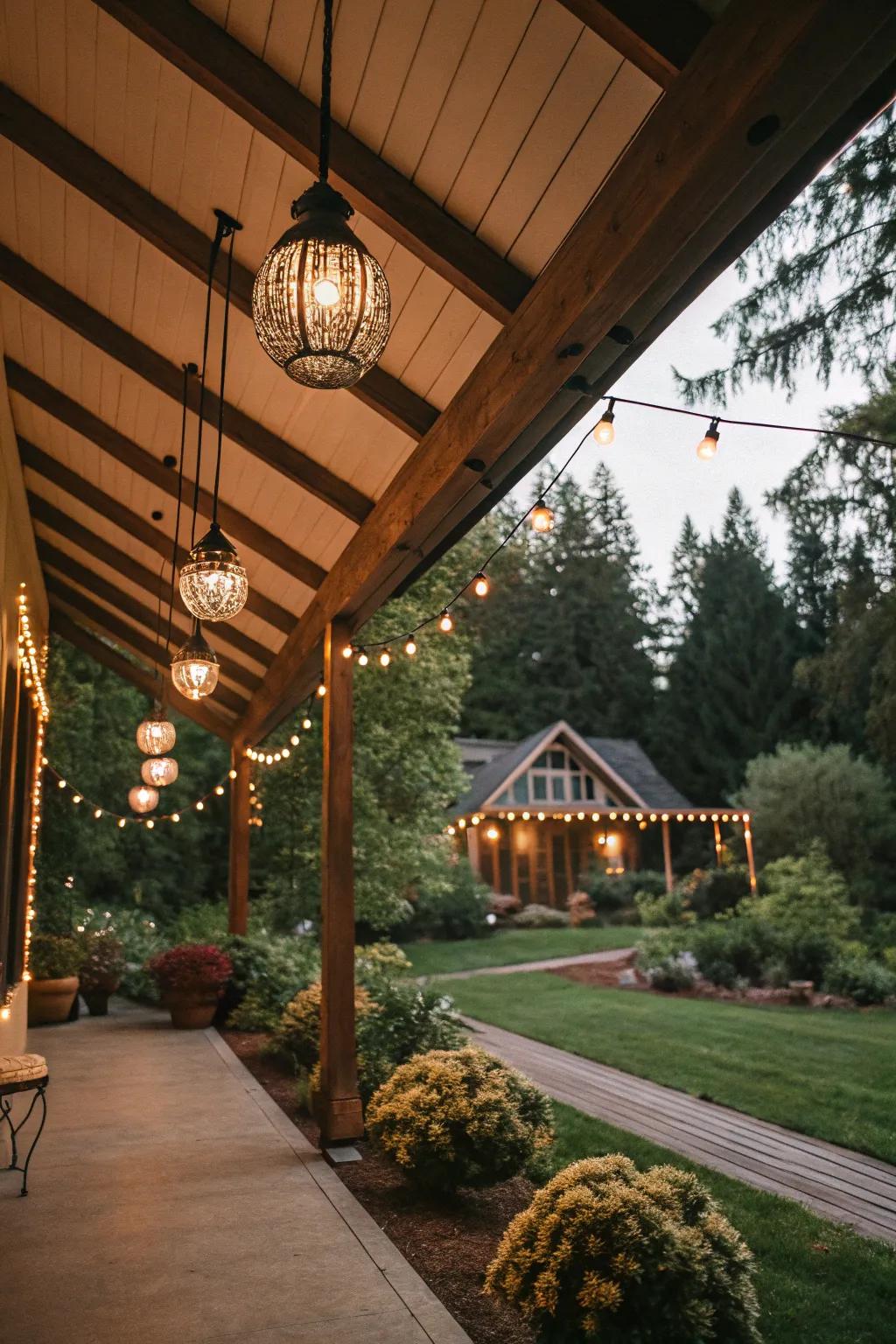 Unique lighting creates a warm and inviting porch atmosphere.