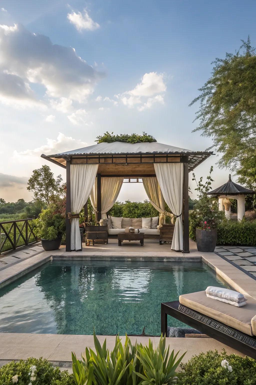 A cabana offers shade and style, turning your pool area into a haven.