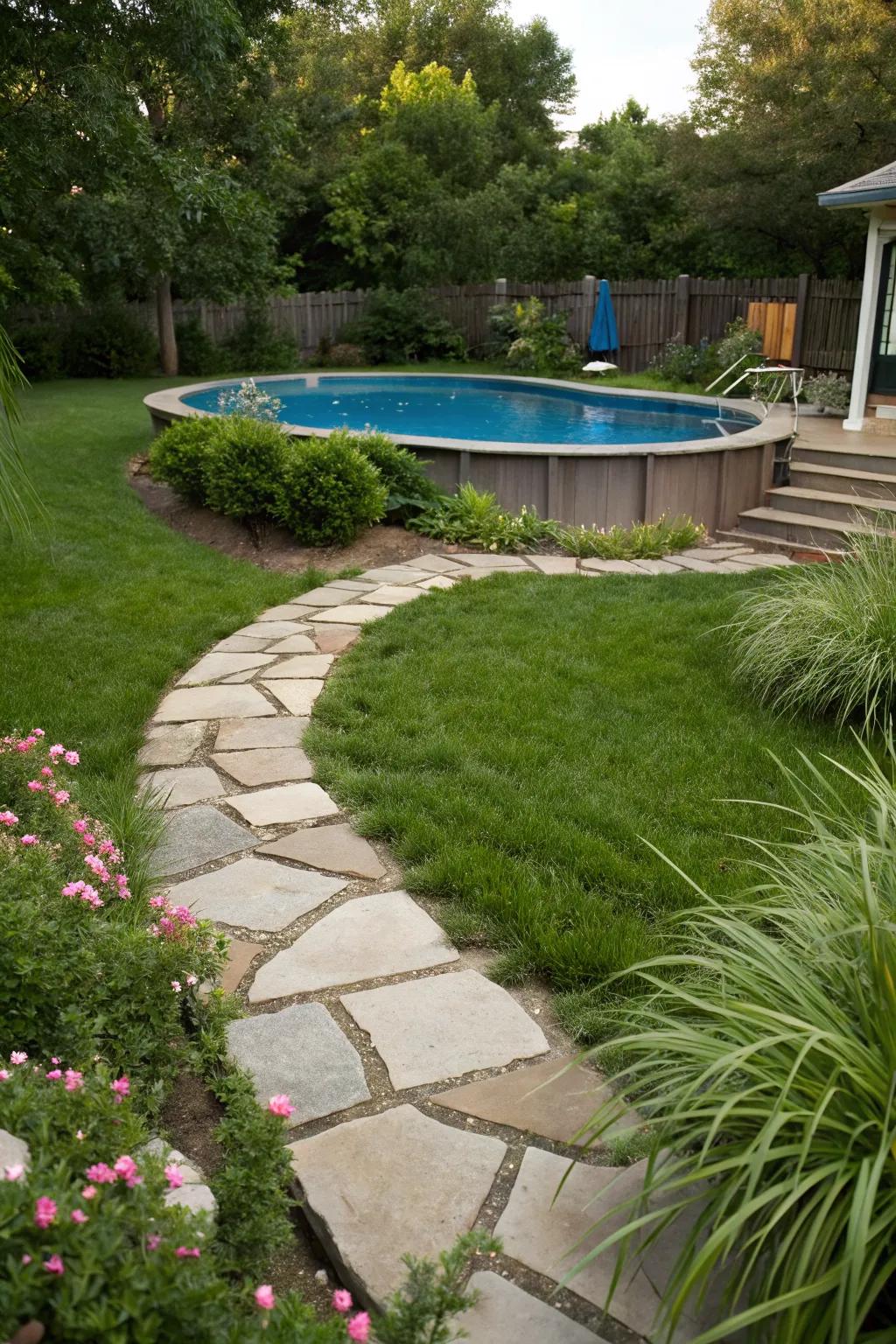 A stone walkway offers an elegant and practical path to the pool.