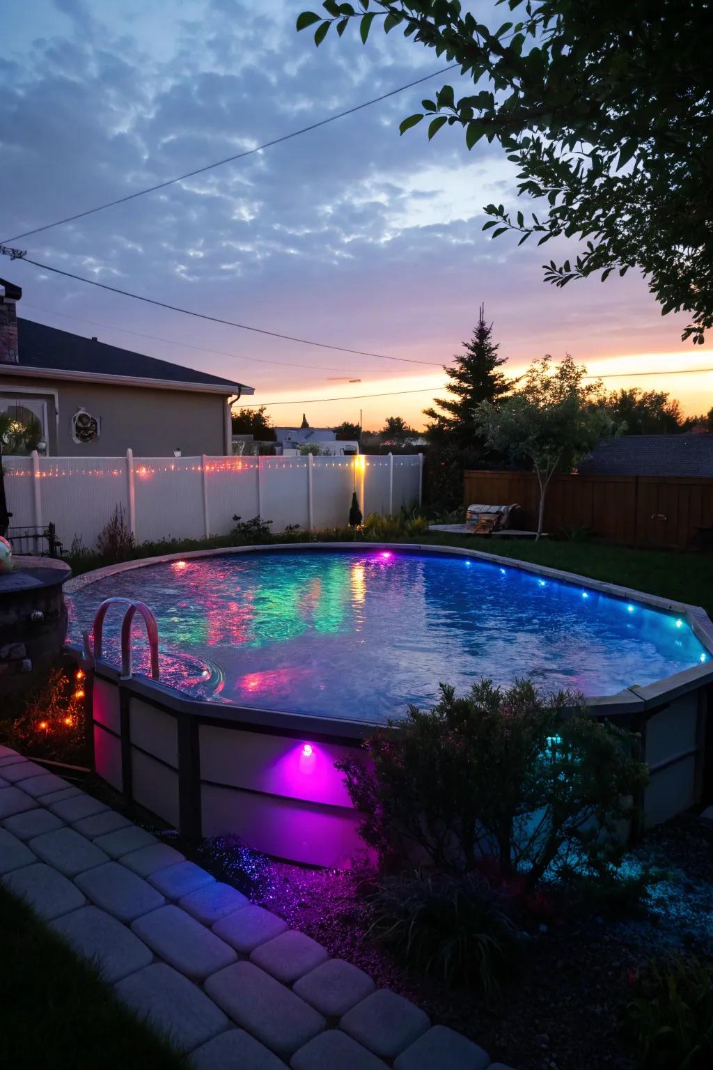 LED lights transform your pool into a nighttime spectacle.