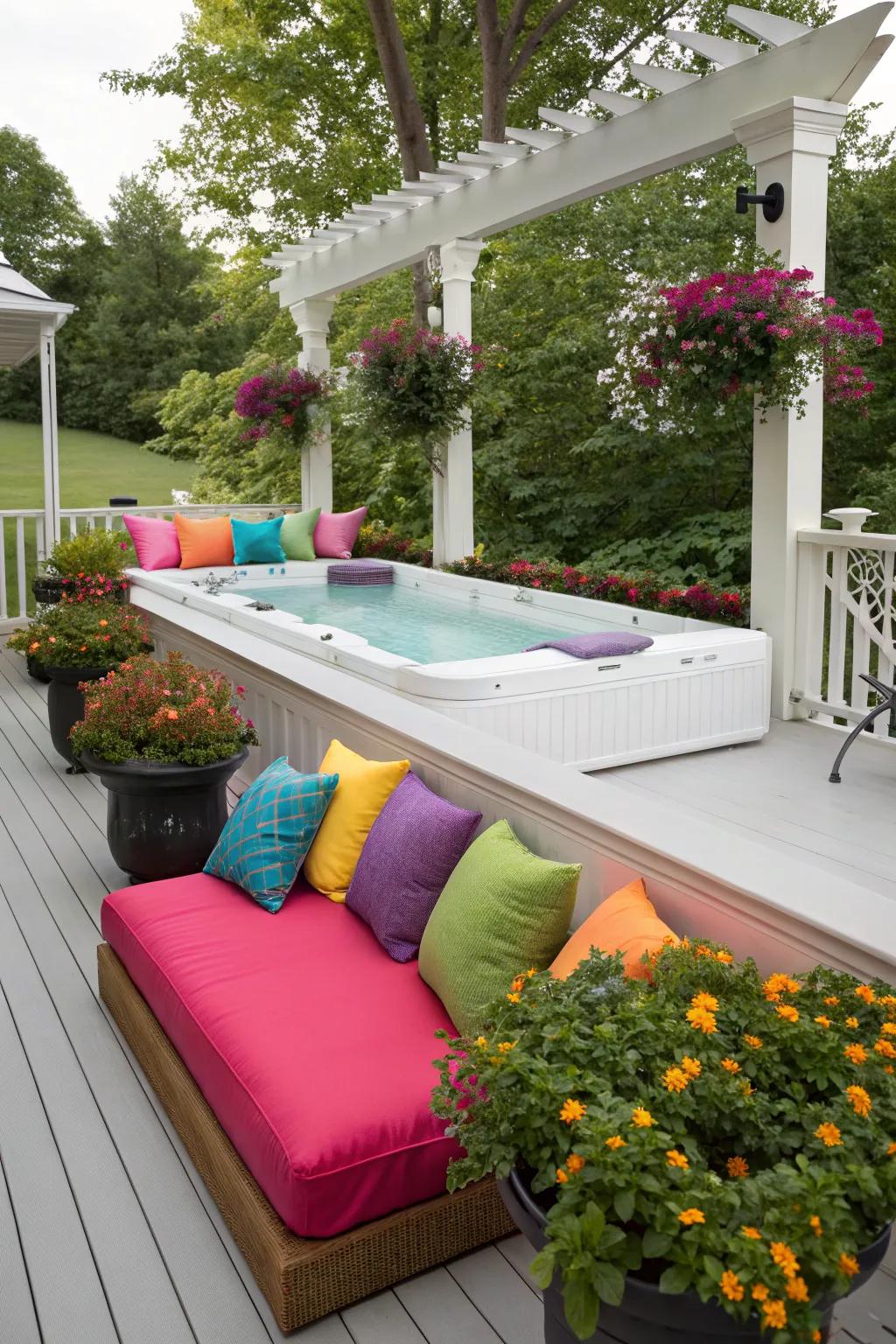 Colorful accents infuse your swim spa deck with energy and charm.