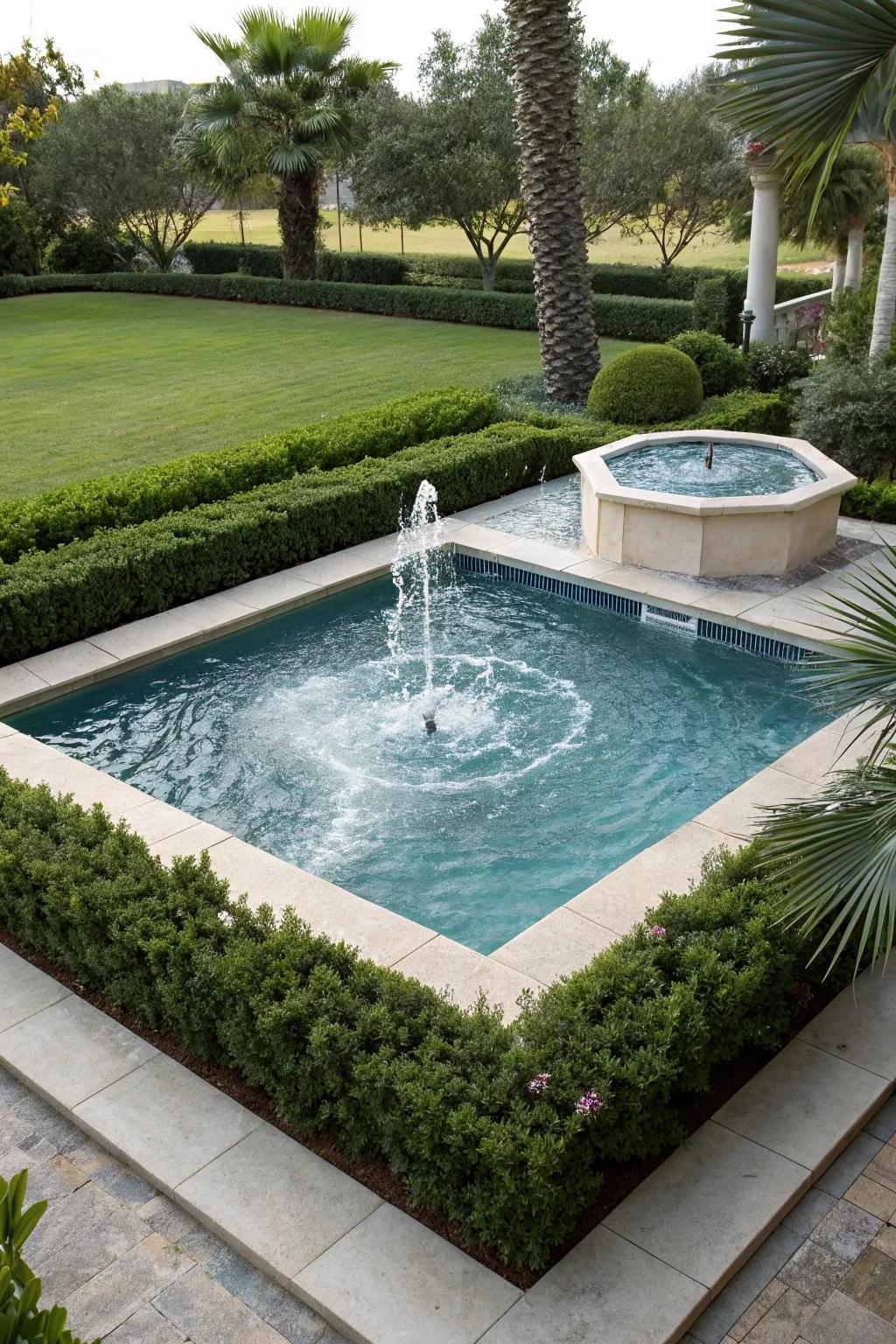 A calming water feature that elevates the pool's ambiance.