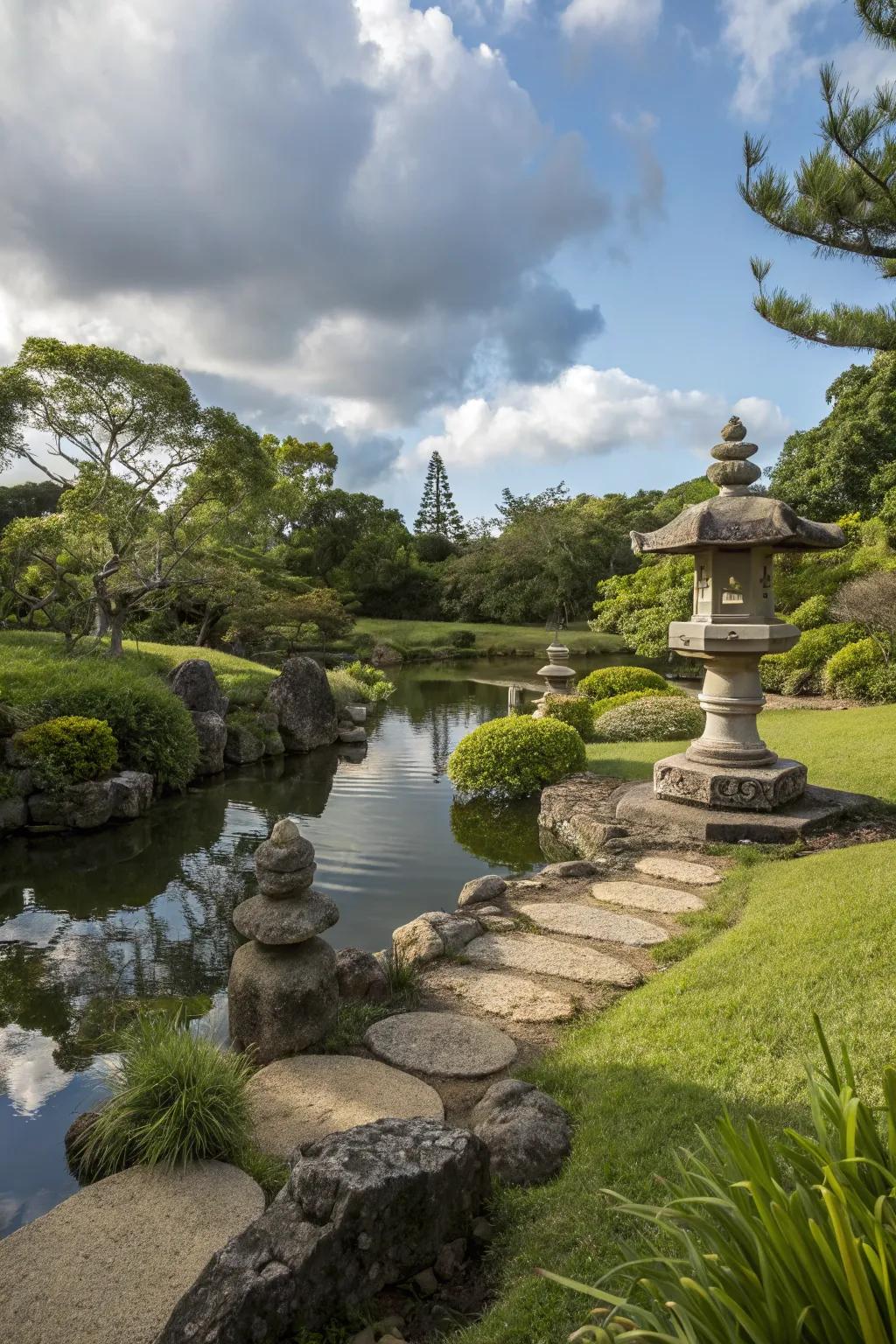A tranquil meditation garden offers a serene retreat with a pond and stone sculptures.