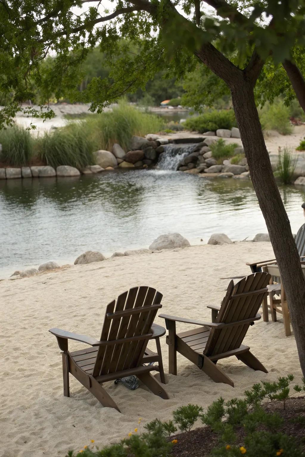 Capture the essence of the beach with Adirondack chairs and sand.