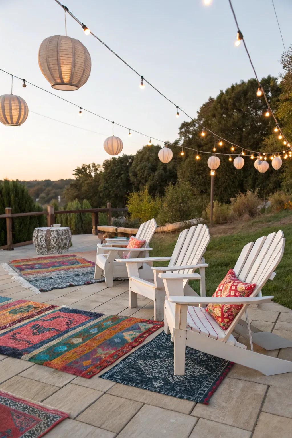 Bohemian vibes with Adirondack chairs and eclectic decor.