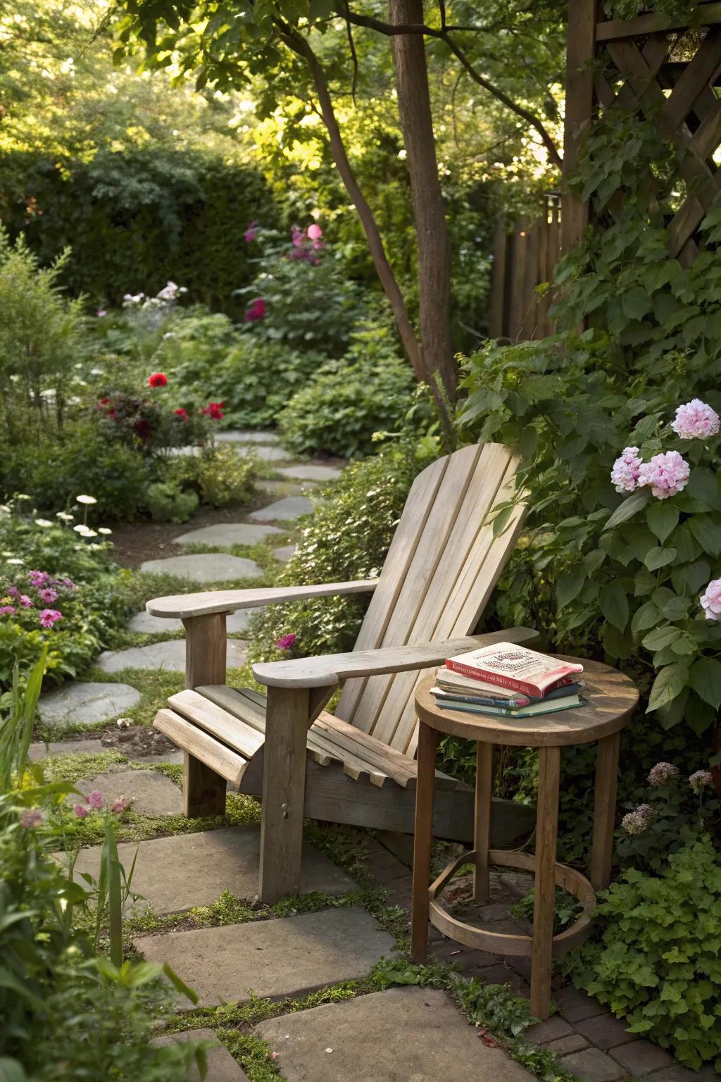 An Adirondack chair creates a cozy reading nook in the garden.