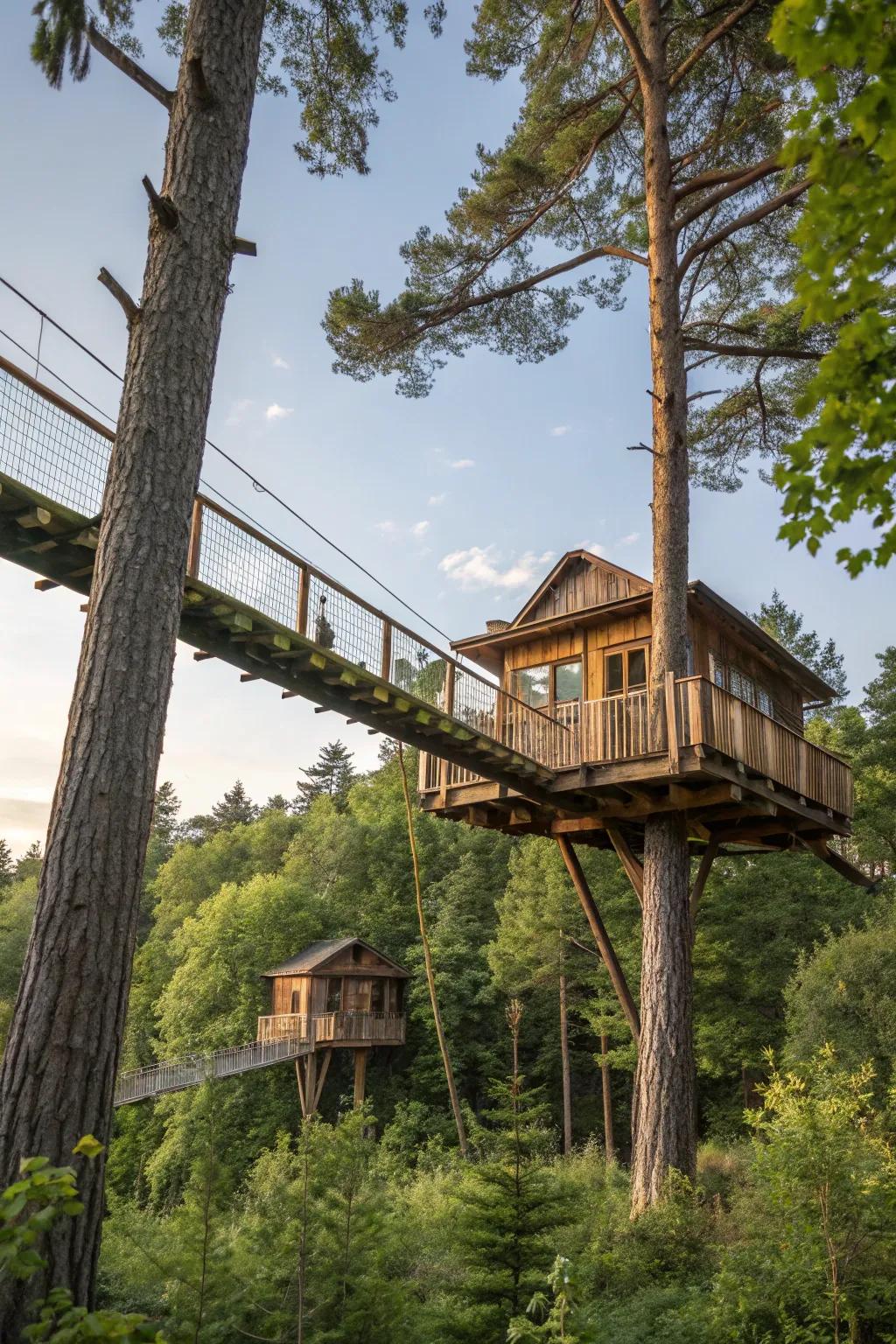 A skywalk linking treehouses, offering adventure and connectivity.