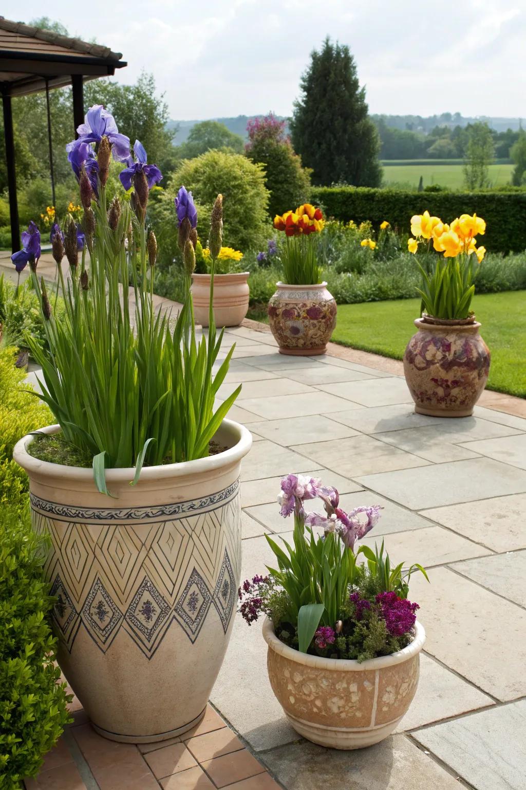 African irises make striking container displays that captivate.