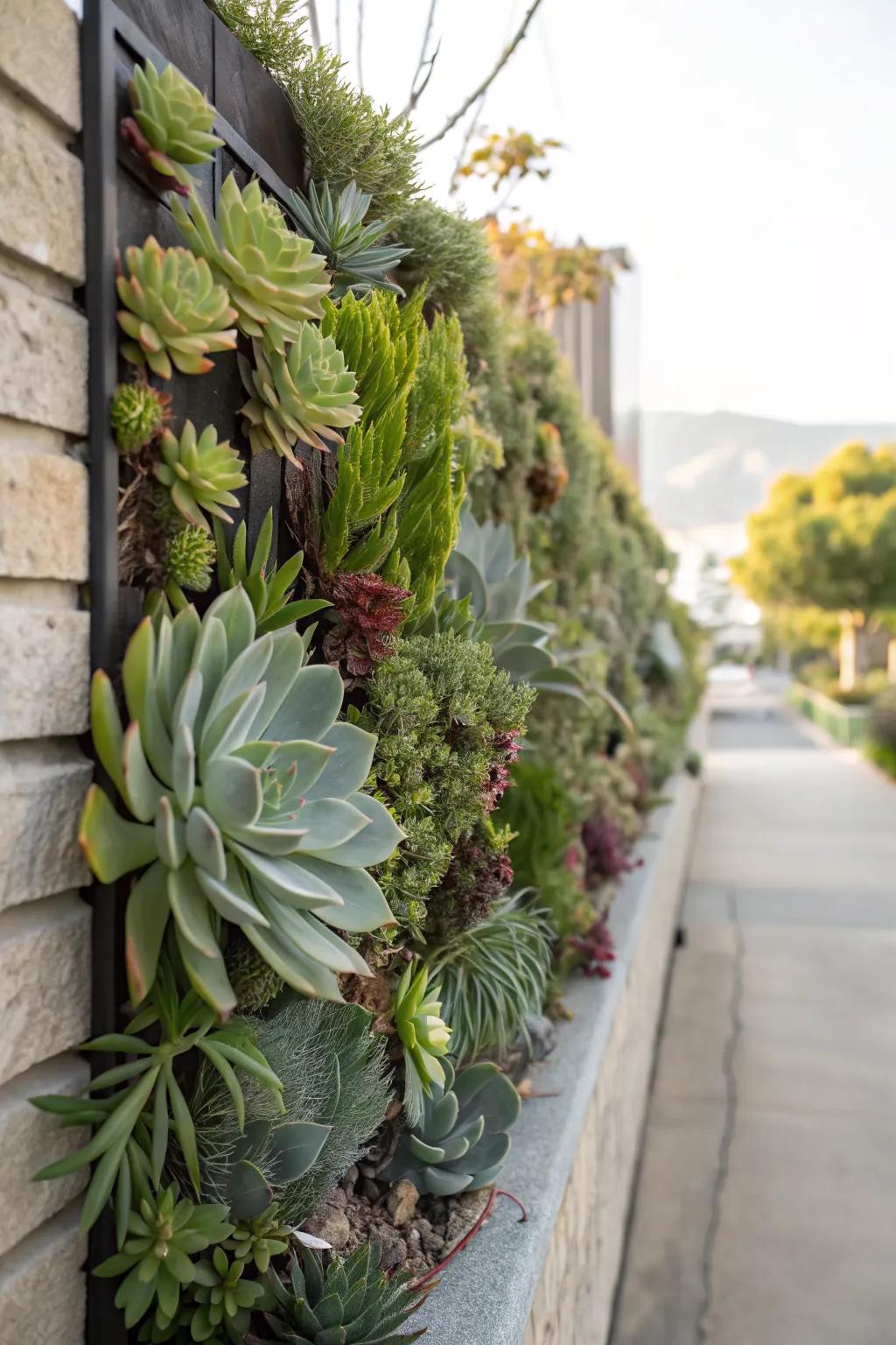 Innovative vertical garden with agave and succulents.
