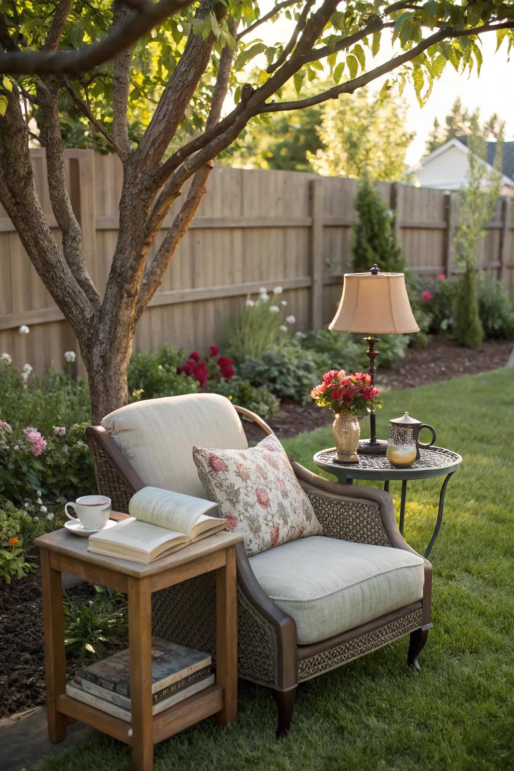 A reading nook offers a peaceful retreat for guests.