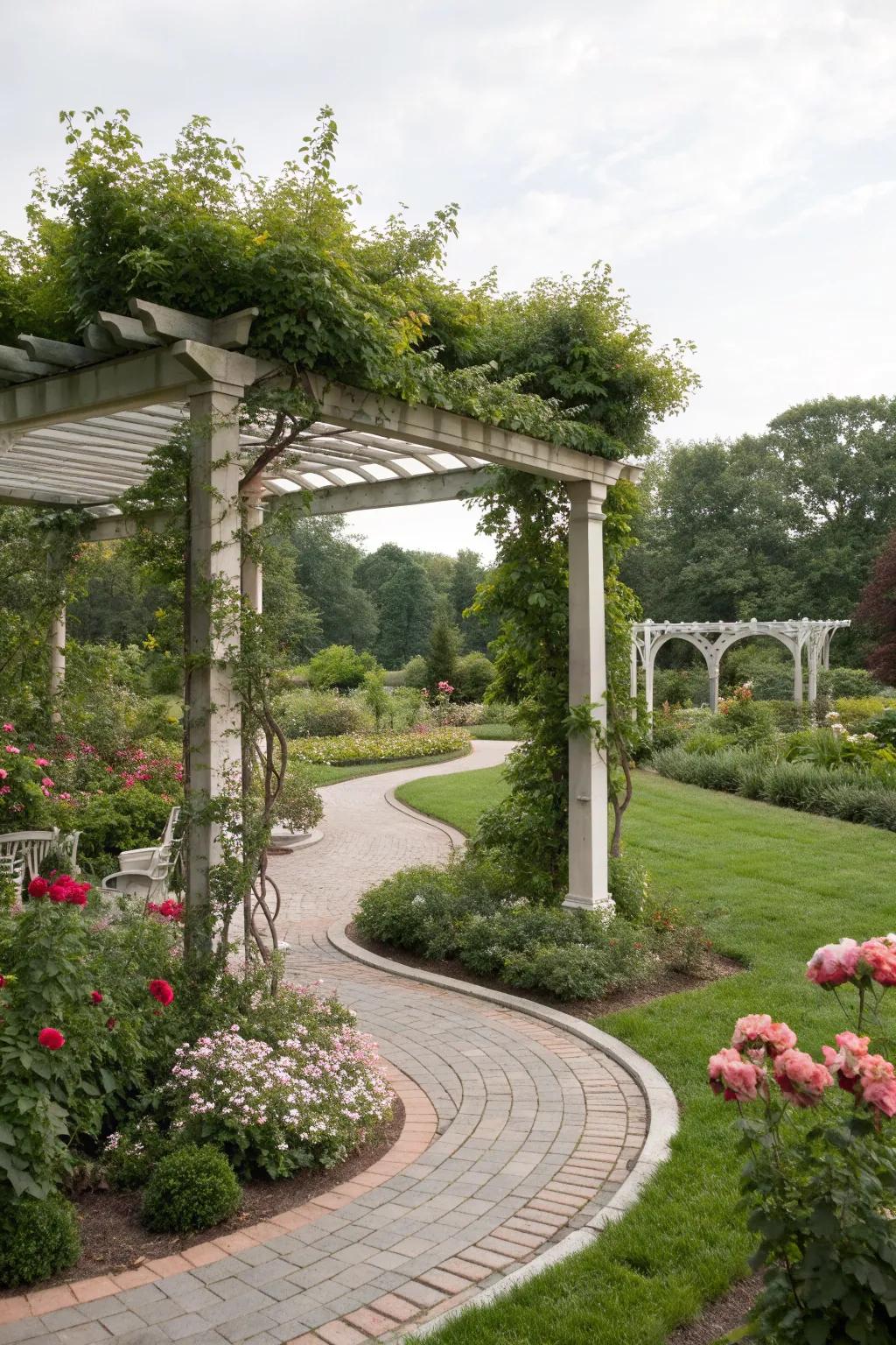 A freestanding aluminum pergola serves as a garden focal point.