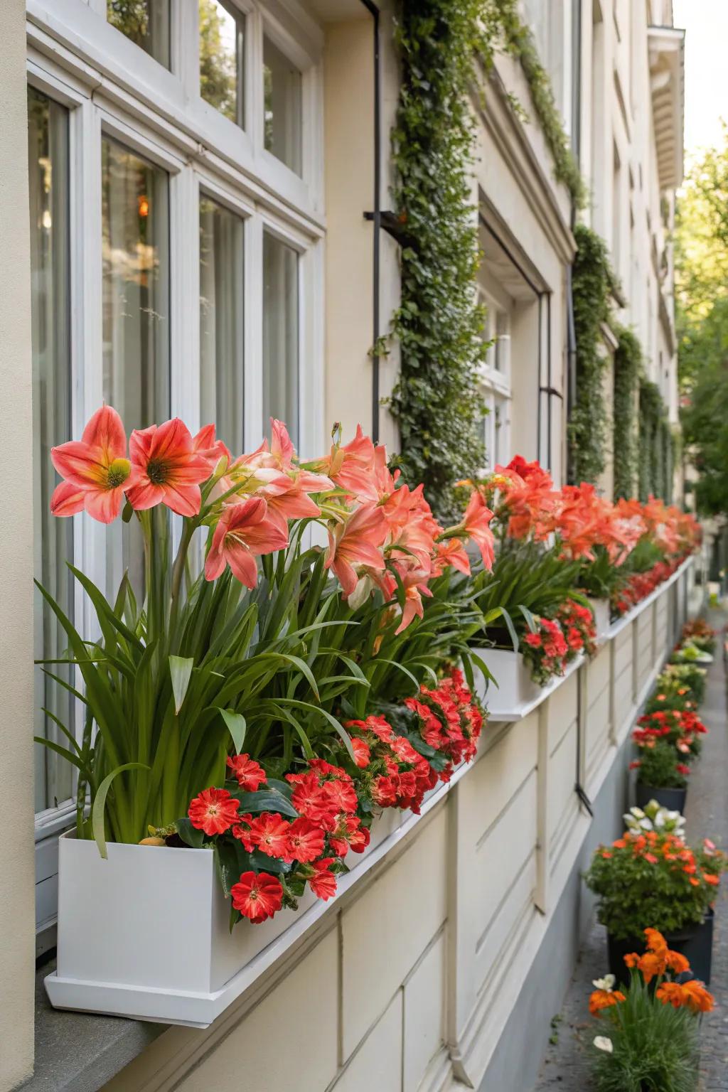 Window boxes with amaryllis offer a warm welcome.