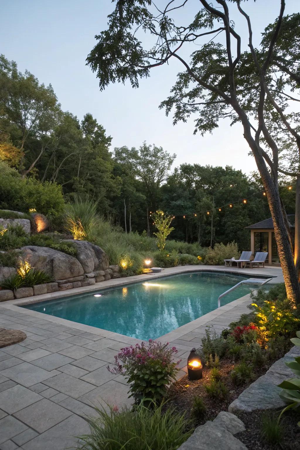 A pool with a serene soundscape system, elevating the relaxation experience.