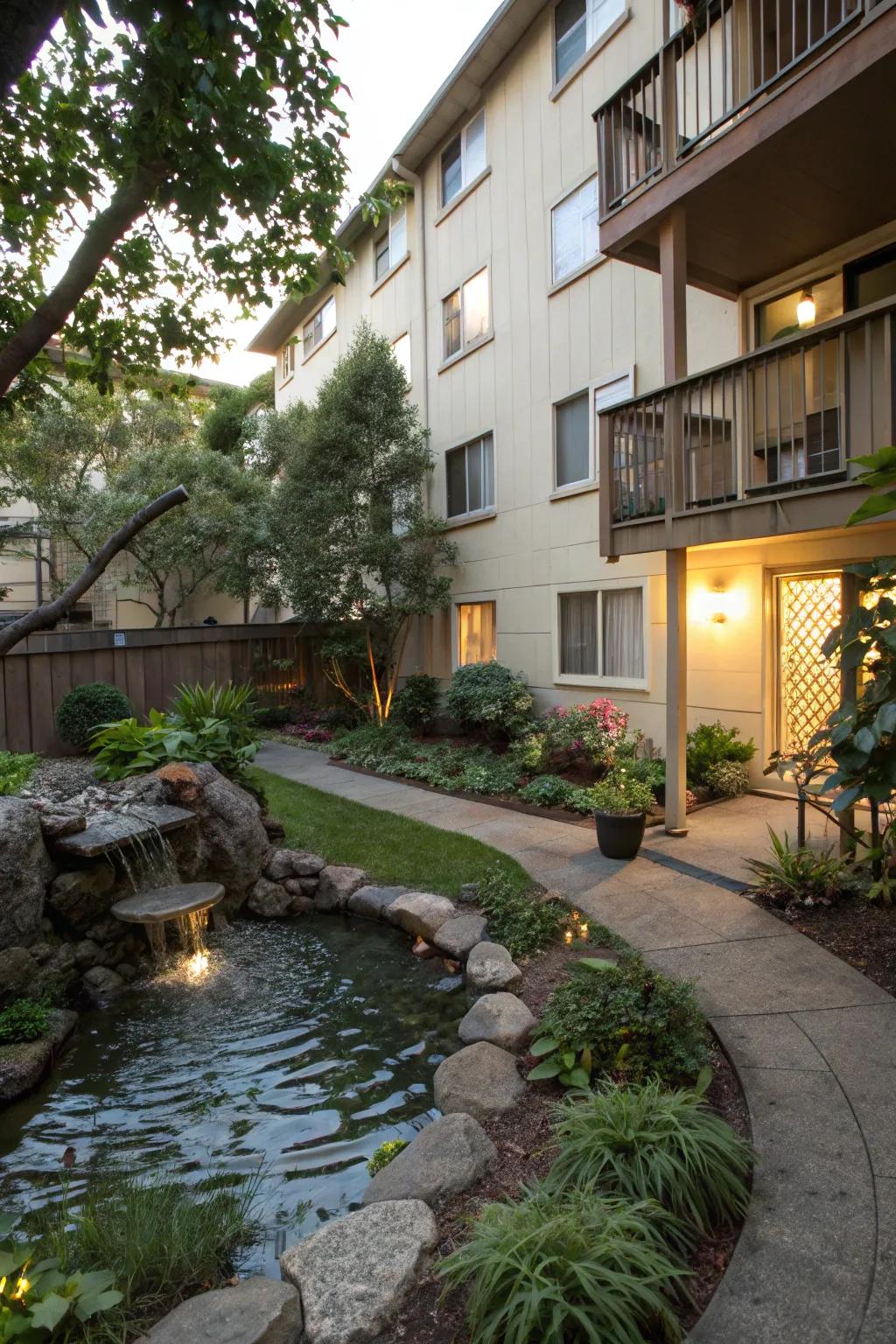 A soothing water feature in an apartment backyard, adding a touch of tranquility.