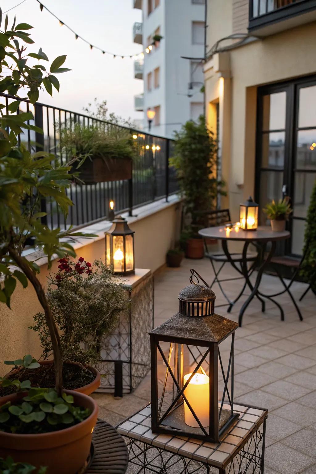 Candle lanterns cast a cozy glow.