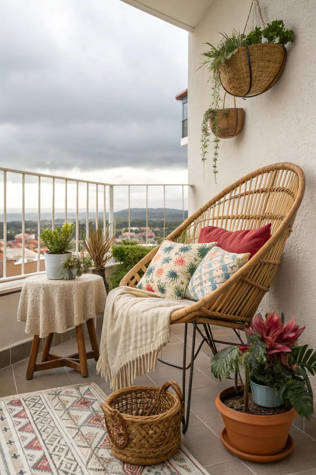 Boho rattan furniture adding a breezy vibe to a small balcony.