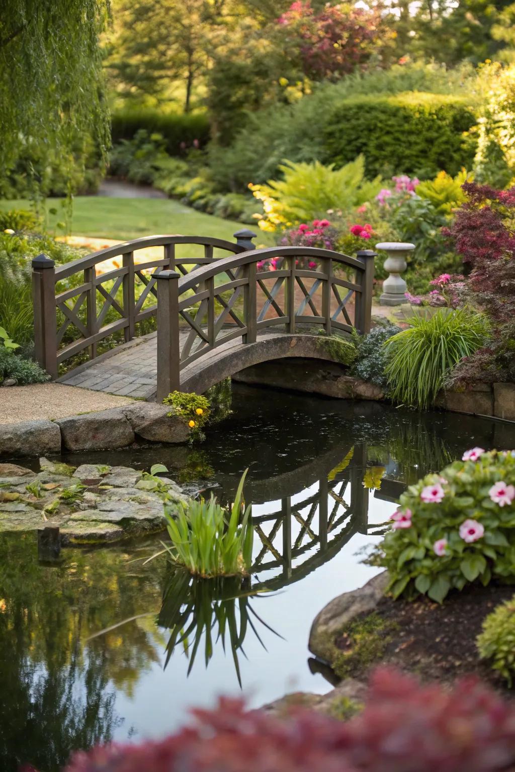 A whimsical mini pond with an enchanting bridge.