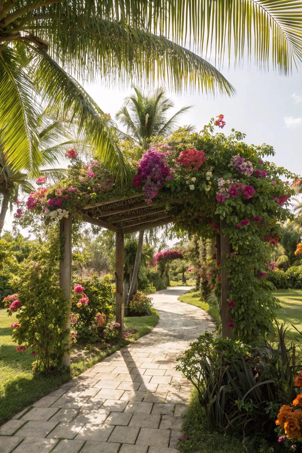 Palm leaves and tropical flowers create a vibrant paradise.