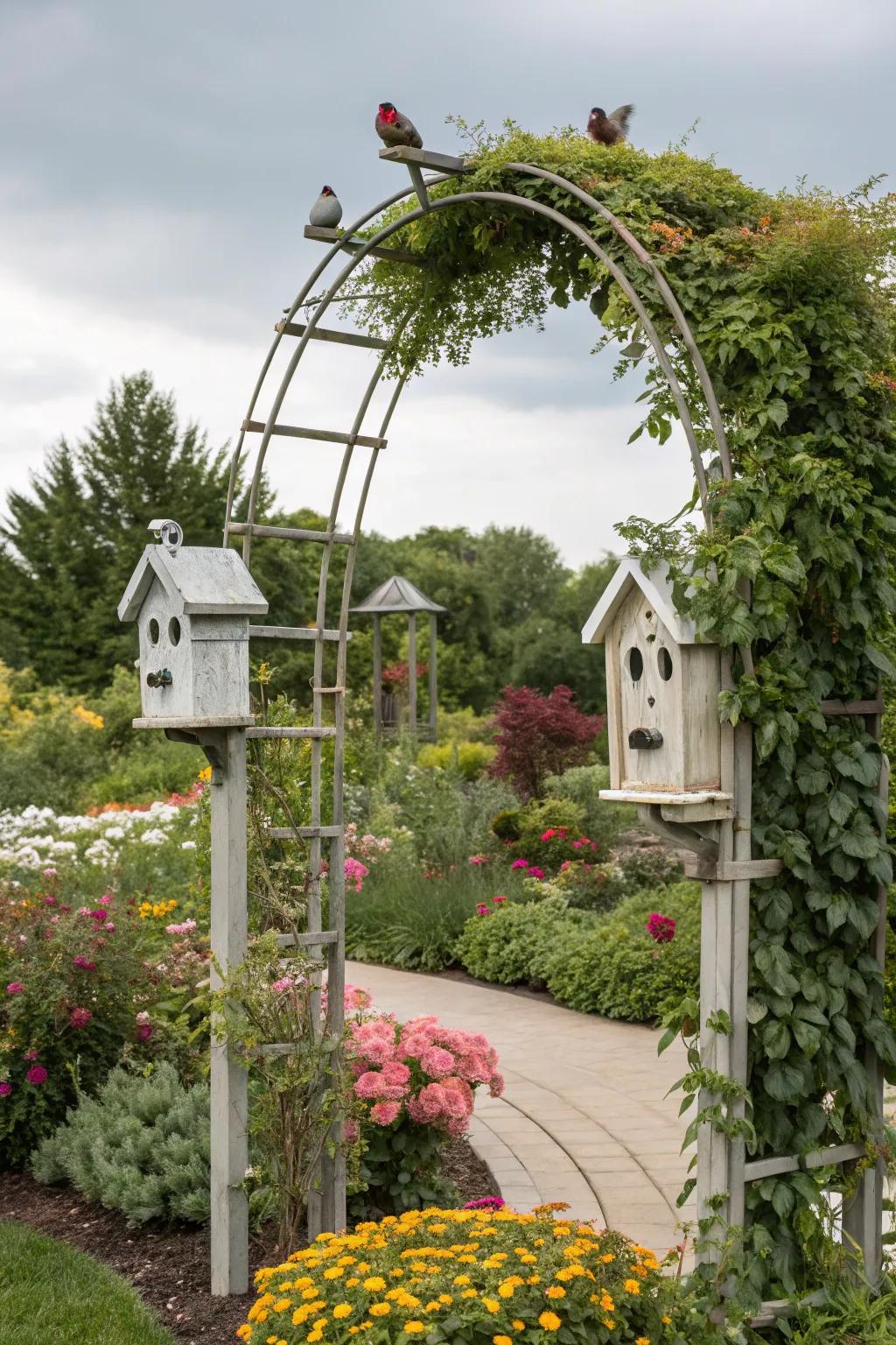A bird-friendly trellis with birdhouses and feeders.