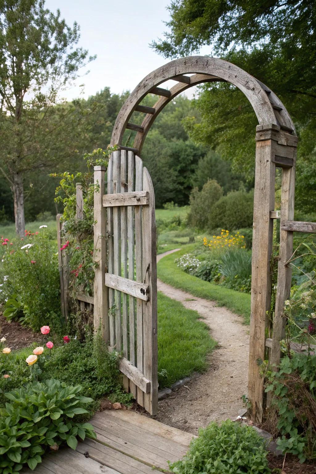 A sustainable arched gate crafted from reclaimed pallet wood.