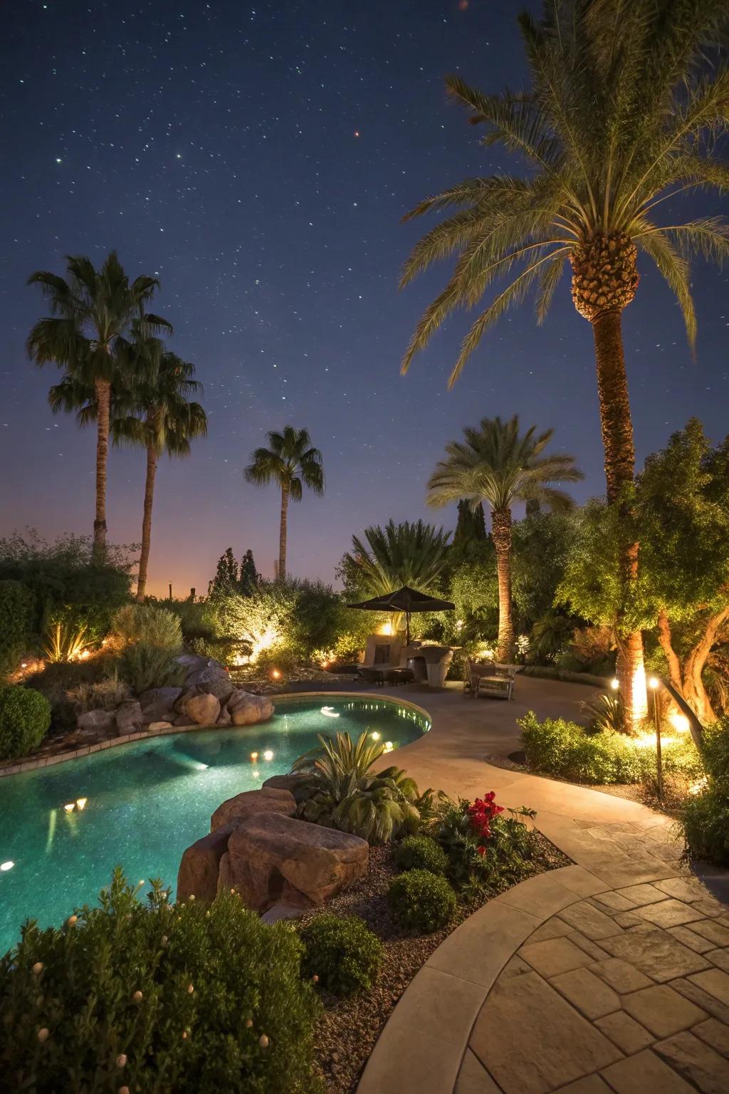 LED lighting transforms pool areas into enchanting nightscapes.