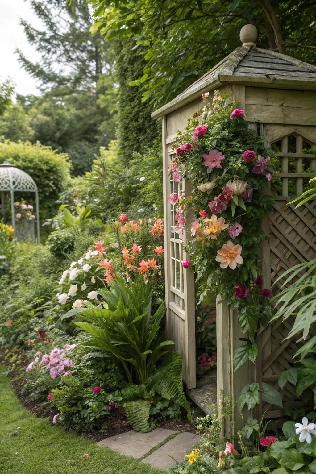 An unexpected surprise of artificial blooms tucked in a garden corner.